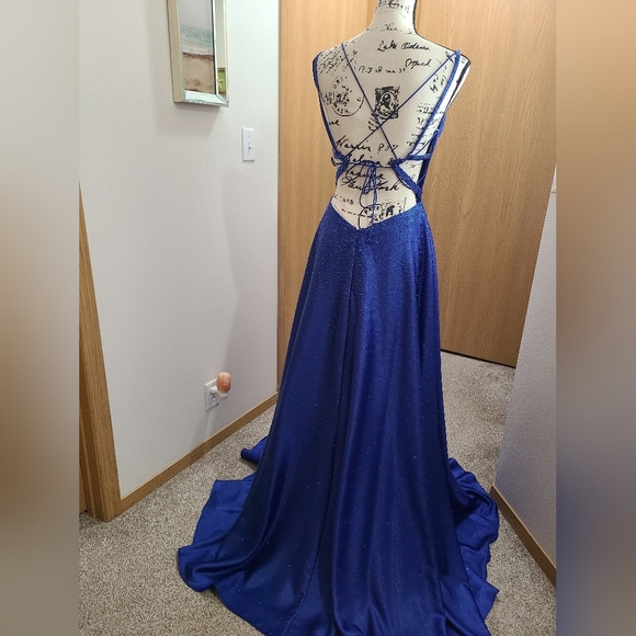 Ellie Wilde Mon Cheri A-line slit rhinestone Royal prom pageant dress - Picture 6 of 8